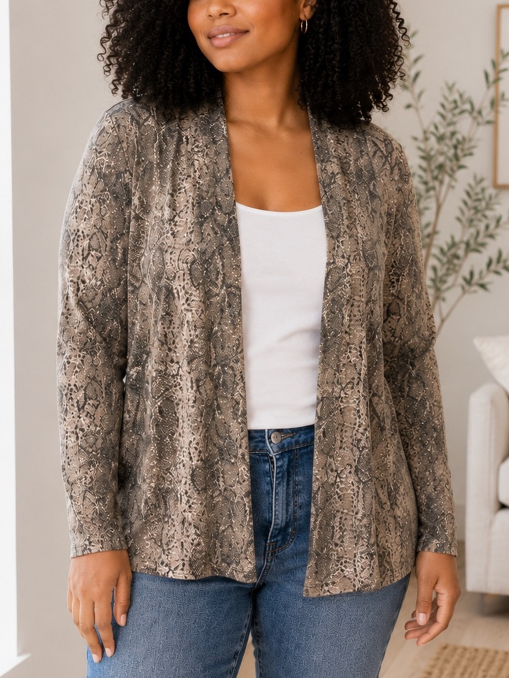 Gibson Grey Snake Print Open Front Cardigan XS